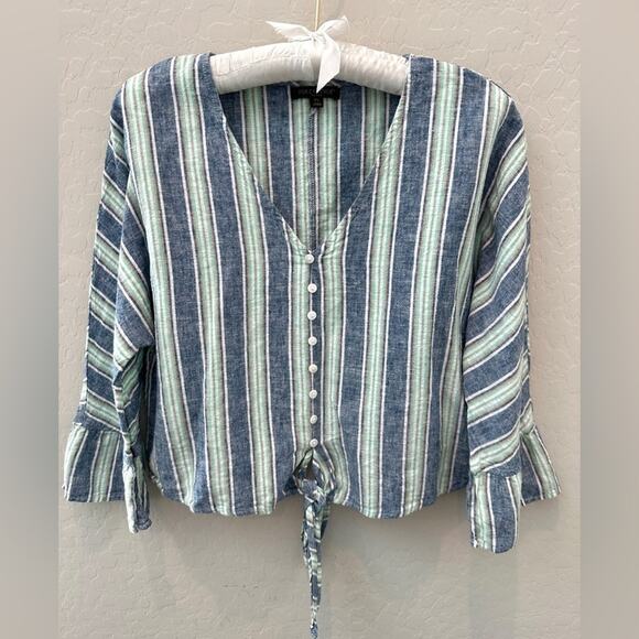 FOR CYNTHIA | Petite Linen Blue Striped Button Front Boho Cropped Blouse | Large - Picture 1 of 7